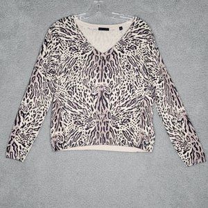 Atm Womens Pullover Sweater Beige‎ Animal Print Cotton Cashmere V Neck SP New